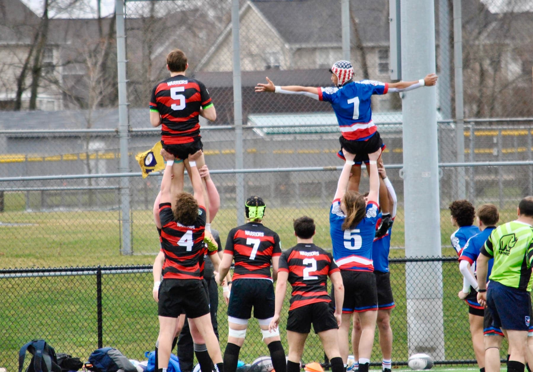 Warriors players contesting a lineout during a match